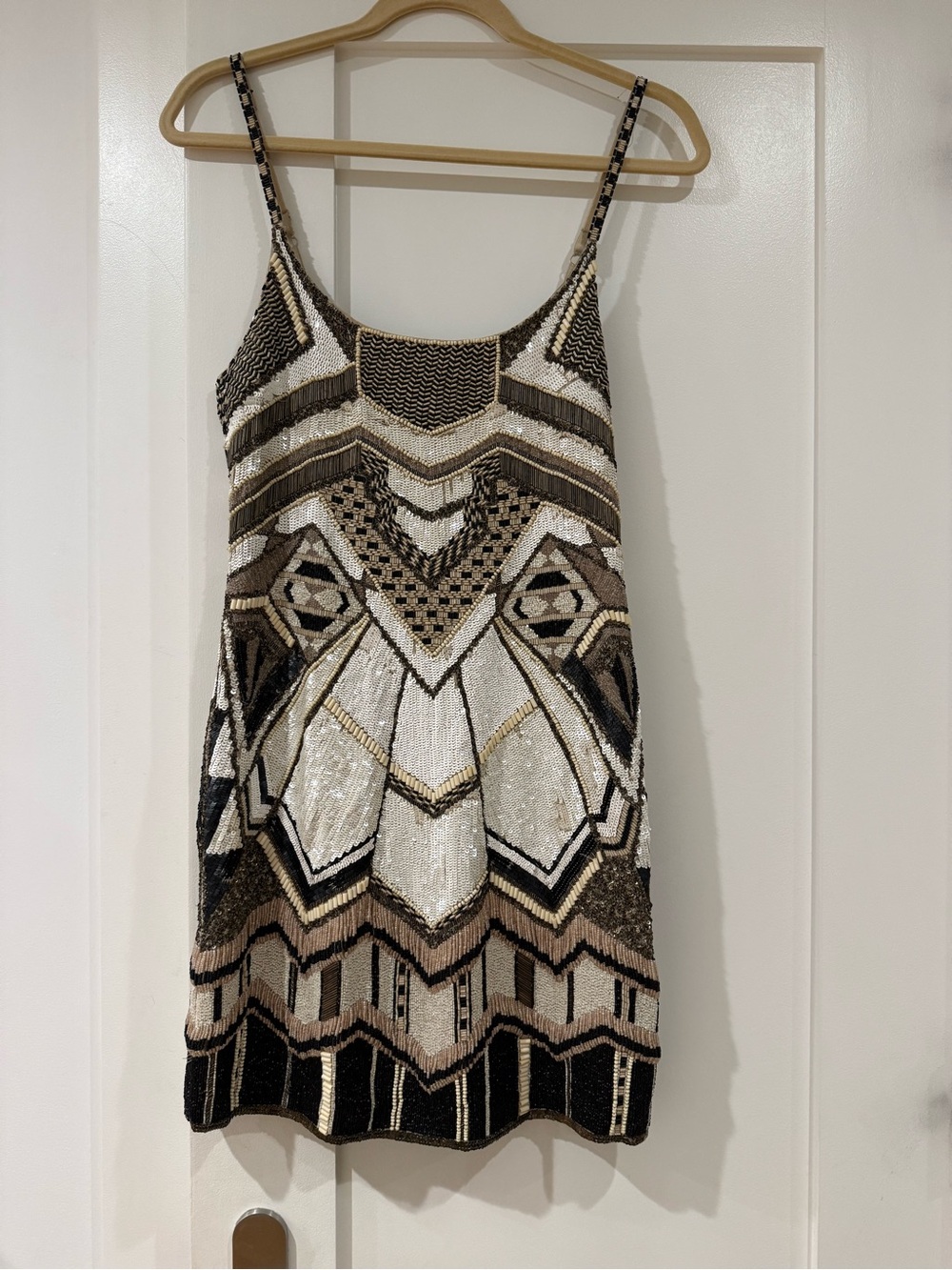 AllSaints Beaded Mini Dress in Black, White, Gold & Brown